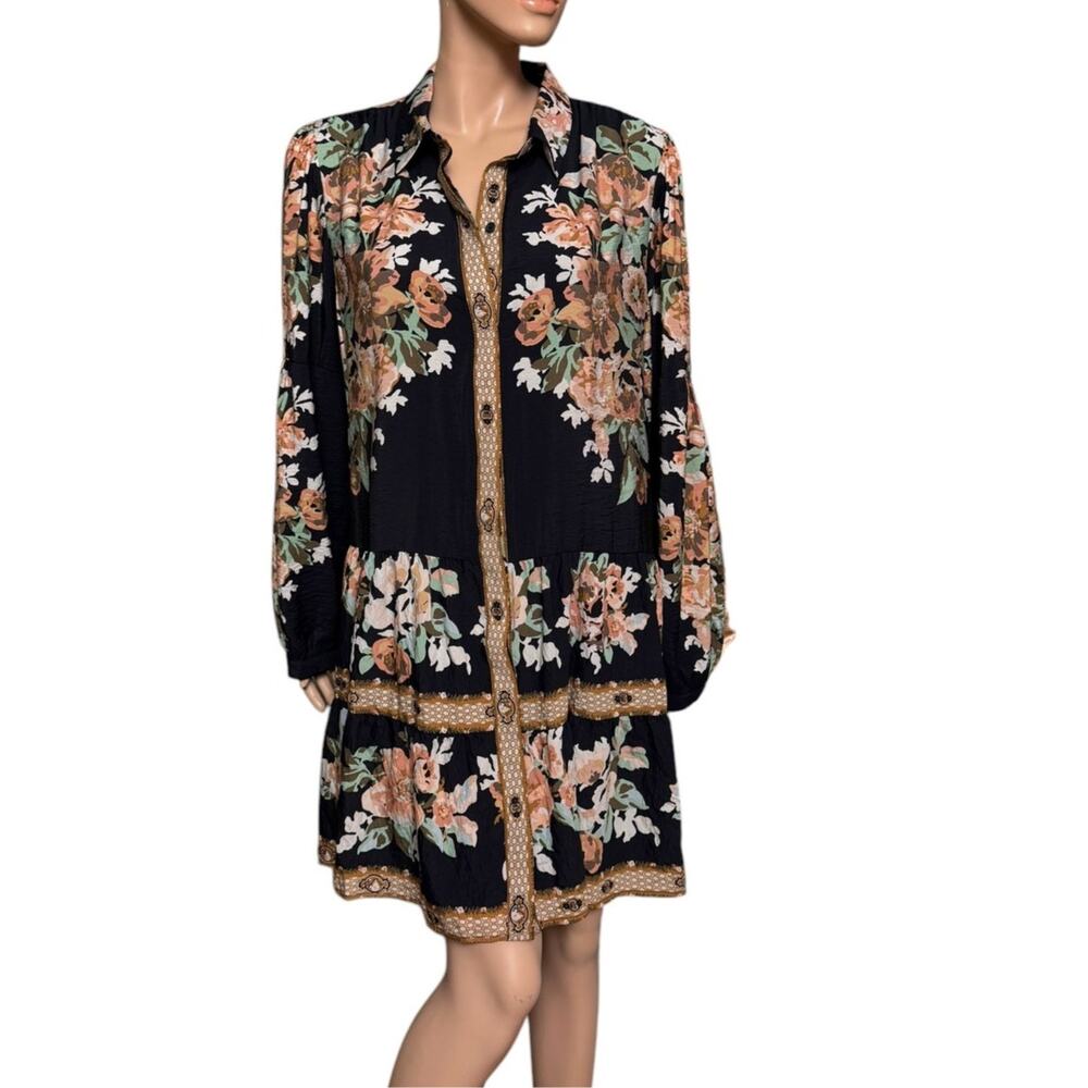 Anthropologie Floral Mini Dress - Black and Orange